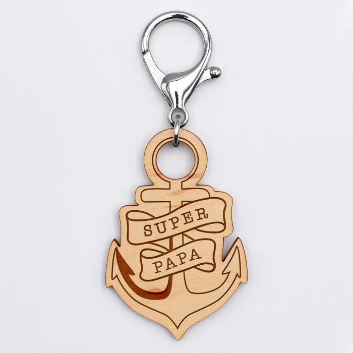 Porte-clés ancre gravé bois Super Papa - Jolis Messages