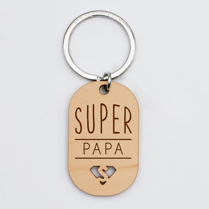 Porte-clés en bois gravé Super Papa - Jolis Messages