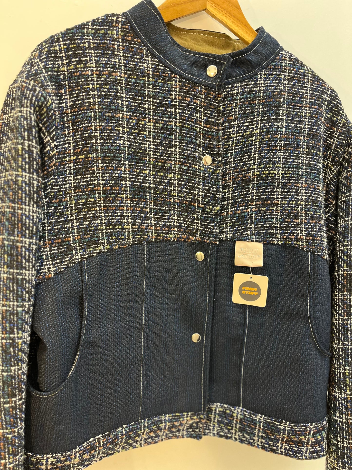 Veste upcyclée réversible en tweed bleu/lainage à carreaux- FromStuff