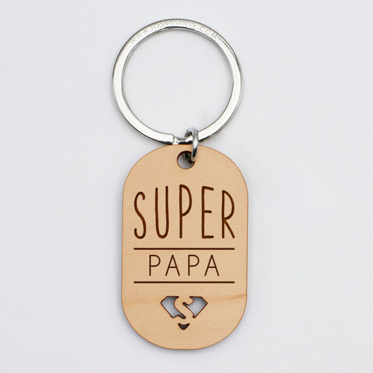 Porte-clés en bois gravé Super Papa - Jolis Messages