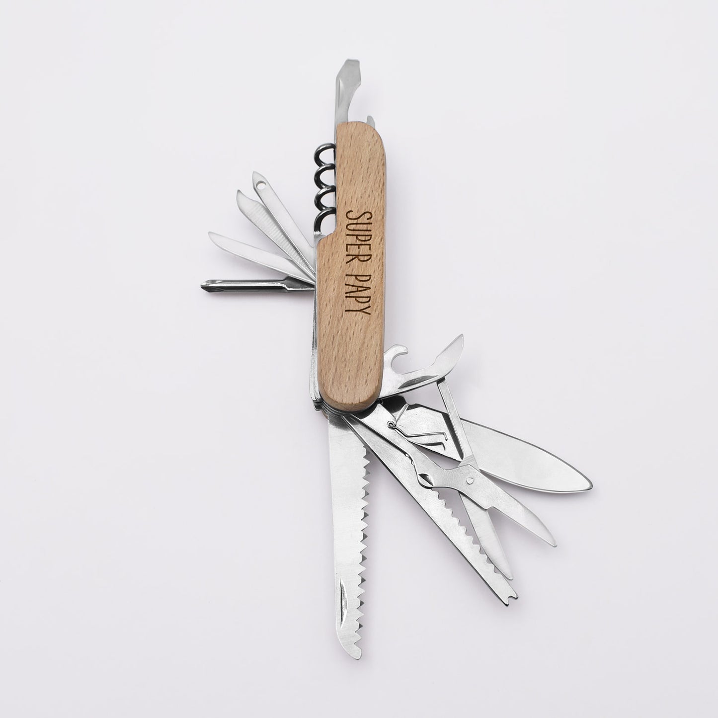 Couteau suisse en bois gravé - Jolis Messages