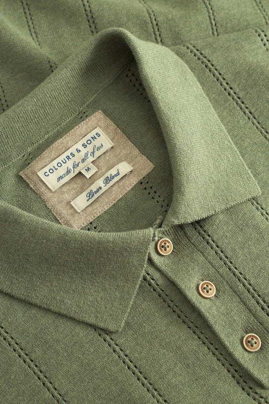 Polo homme Colours and Sons – Knitted Wasabi – Maille ajourée en mélange lin