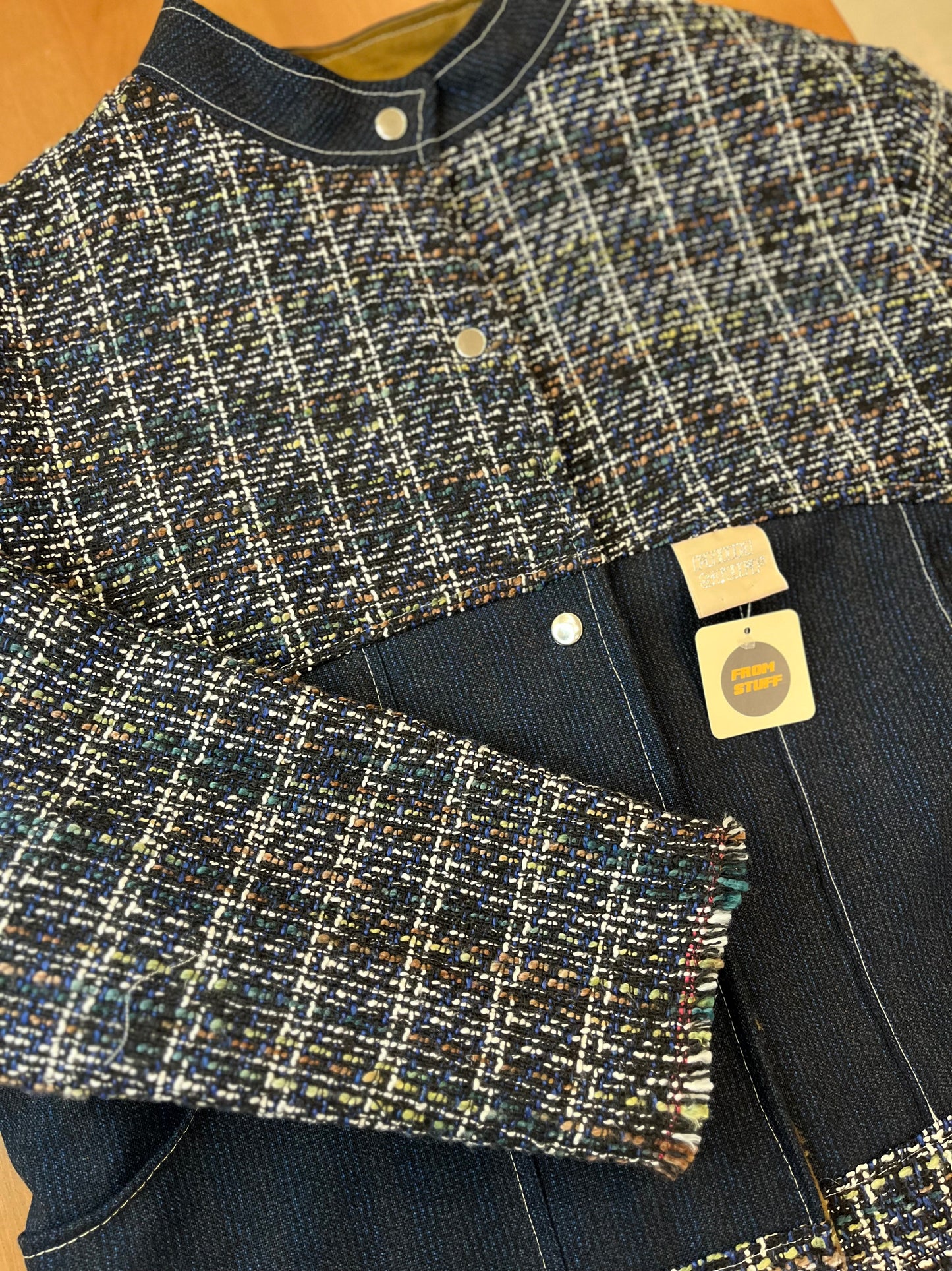 Veste upcyclée réversible en tweed bleu/lainage à carreaux- FromStuff