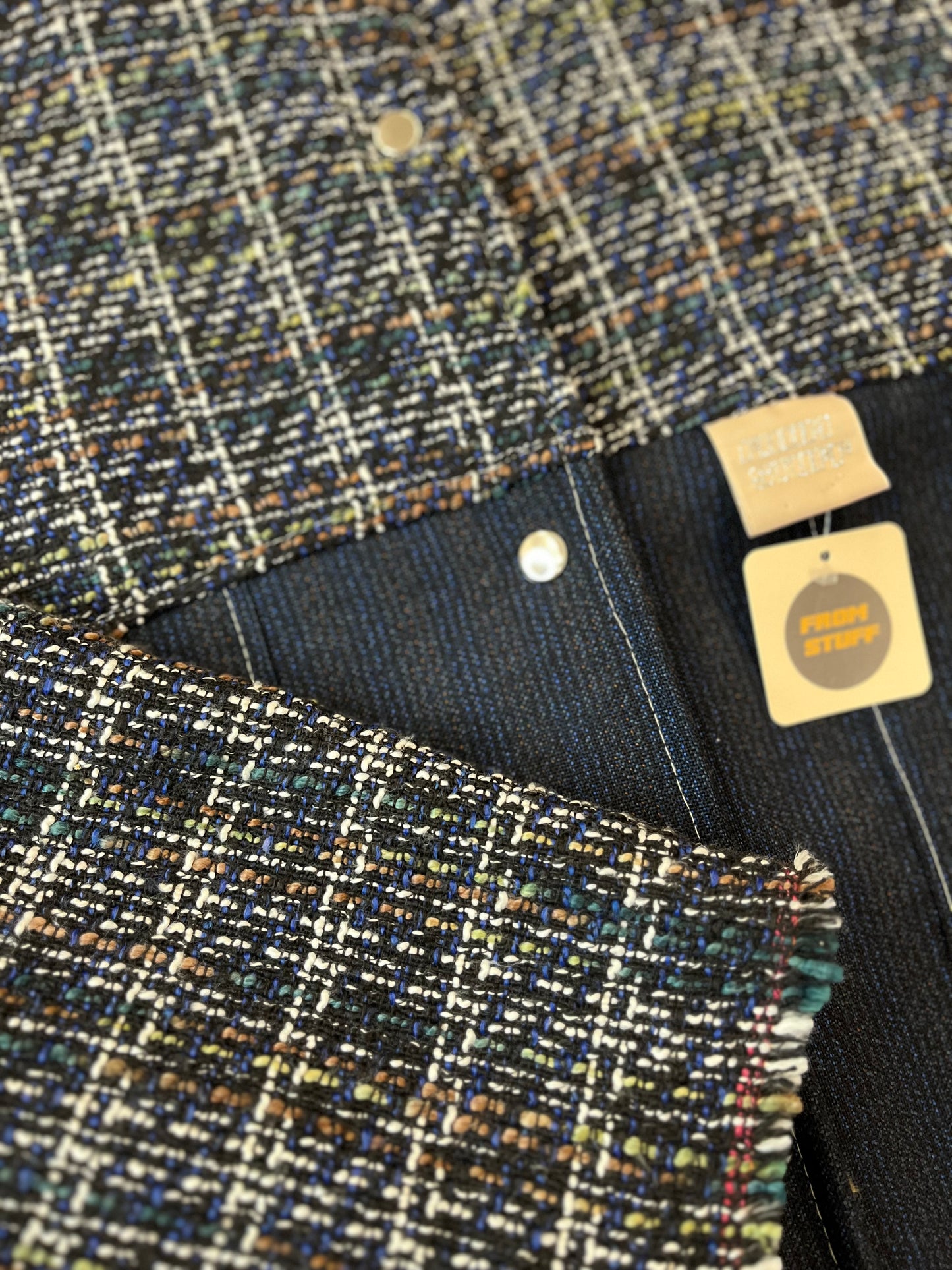Veste upcyclée réversible en tweed bleu/lainage à carreaux- FromStuff