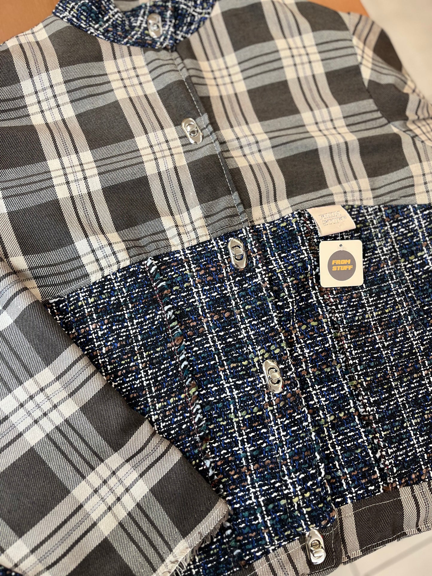 Veste upcyclée à carreaux Gris/Tweed bleu - FromStuff